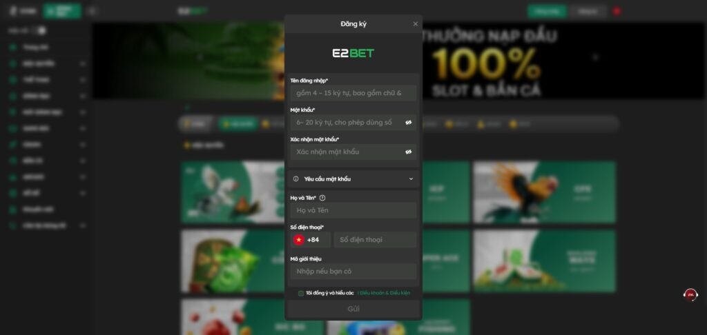 Điền các thông tin theo yêu cầu để đăng ký tại E2bet 